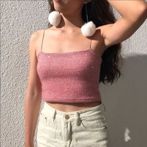 Sparkly fuzzy pink spaghetti strap crop top